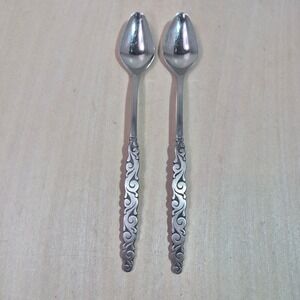 Set of 2 Lyon Stainless Ornate Scroll Pattern Teaspoons Dessert Spoons